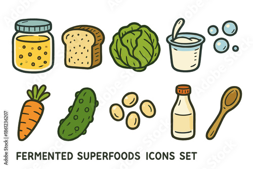 Fermented foods icon set. Pickles, bread, yogurt, cabbage, carrot icons in color style.