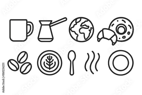 Coffee-themed line icon set. Cafe, beverage, cup, breakfast icons collection.