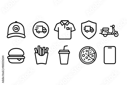 Delivery and food outline icon set. Transport, fast food service line icons collection