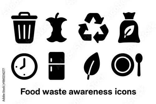 Food waste awareness silhouette icon set. Recycling, sustainability icons collection.