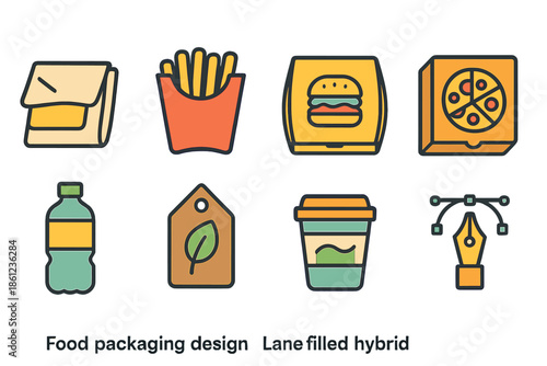 Food packaging filled icon set. Fast food, drink, and packaging icons collection