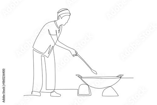 Woman cooking rendang. Cooking rendang concept one-line drawing