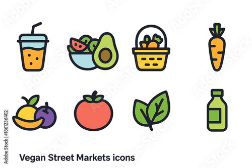 Vegan street markets icon set. Food, fresh produce icons in flat style