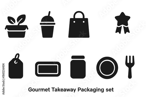Gourmet packaging solid icon set. Eco-friendly takeout, food packaging icons collection".