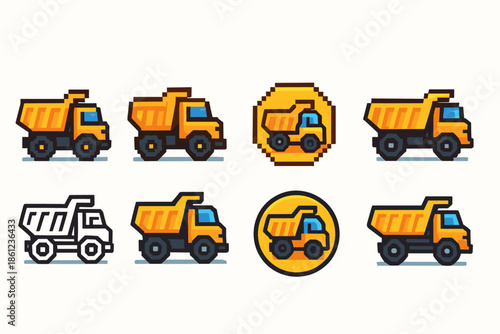 Construction trucks icon set. Pixel art style collection of heavy vehicles