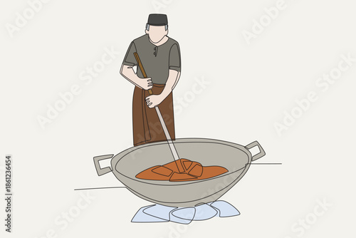 Colored Men cooking rendang. Cooking rendang concept one-line drawing