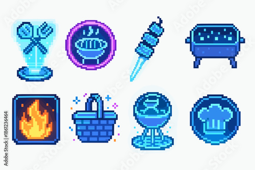 Pixel art bbq icon set. Grill, barbecue, cooking, food icons in pixel style collection