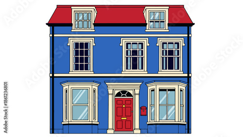 A charming blue detached house with a red front door and multi-pane windows, set against a white background, representing UK architecture