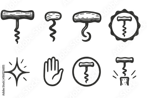 Corkscrew and beverage outline icon set. Wine, bar tool, drink symbol collection