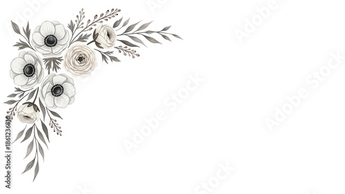 Hand painted minimal floral corner element featuring anemones and ranunculus in a neutral color scheme isolated on white background