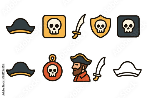 Pirate, treasure, adventure flat icon set. Nautical, skull, sword icons collection