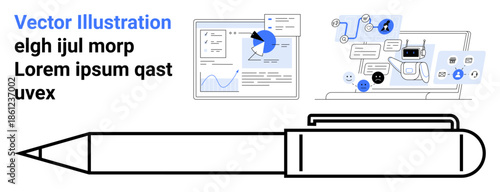 Data analysis, communication, digital tools, design concepts, statistics, work processes. Analytical charts, pen illustration interconnected digital icons. Data analysis and communication concepts