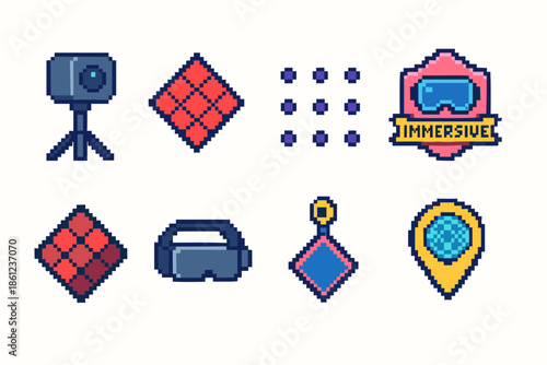Virtual reality game icon set: 8-bit style tech and entertainment icons collection