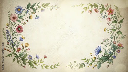 Elegant vintage floral wreath border with soft beige background and delicate pastel blossoms framing a blank center