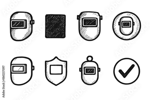 Welding safety line icon set. Protective gear, helmet, shield line style icons collection