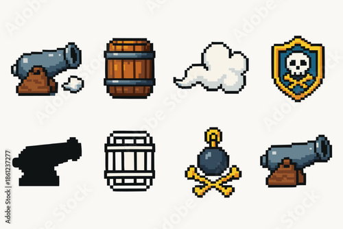 Pixel pirate icon set with cannon, barrels, and ship symbols in 8-bit style