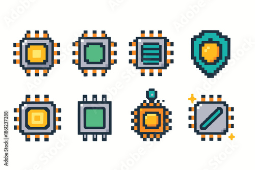 Pixel art technology icon set. Retro, tech, circuit, motherboard 3d icons collection