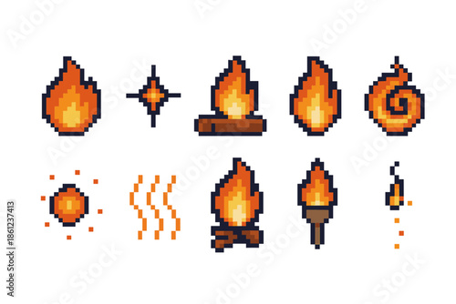 Fire pixel art icon set. Flame, torch, campfire, heat icons in pixel style
