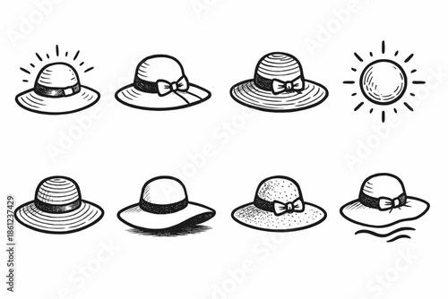 Summer hats line icon set. Stylish summer, beach, sun protection icons in line art