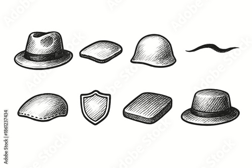 Vintage hat outline icon set. Classic headwear, fashion accessory linear icons