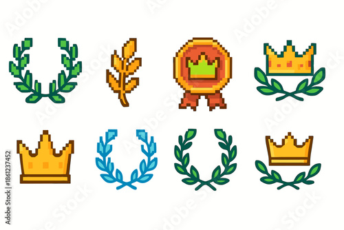 Retro video game pixel icon set. Laurels, crowns, awards 2d pixel art collection