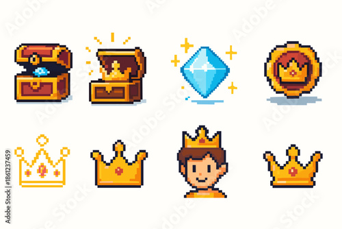 Pixel art treasure icon set. Coins, crowns, gems, chests in pixel art style