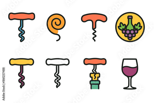 Wine and beverage line icon set with corkscrew, bottle, glass illustrations