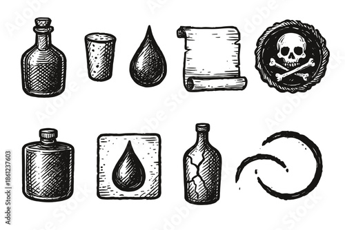 Alchemy, potion outline icon set. Magical, vintage symbols and tools collection
