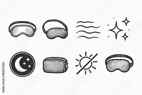 Sleep essentials outline icon set. Eye masks, night, stars, sleep aids collection