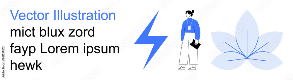 Obraz premium Creativity, education, personal growth, branding, energy, mindfulness. A person standing with a clipboard, lightning bolt icon stylized flower design. Creativity and education concept