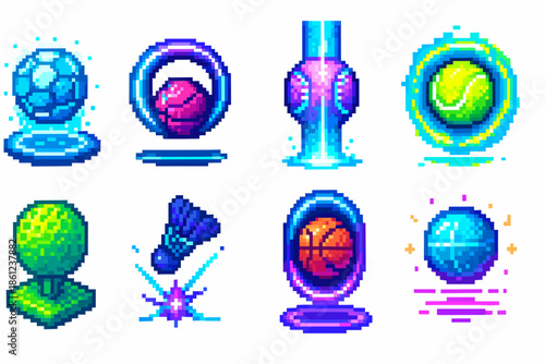 Sports digital icon set. Pixel art illustrations of balls, rackets, and sports equipment