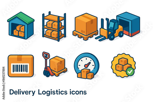 Delivery and logistics flat icon set. Warehouse, boxes, and transportation icons