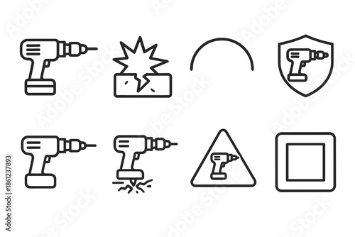 Tools and construction outline icon set. Power drill, safety, repair symbols collection