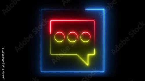 glowing neon red yellow and blue color message box icon animation bubble speech icon notification box inbox talk answer conversation send message chat letter text word effect  on black background	