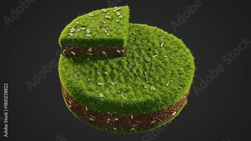 Lush green moss-covered terrain with a layered circular structure showcasing nature's beauty