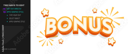 3D BONUS text effect with stars and rays