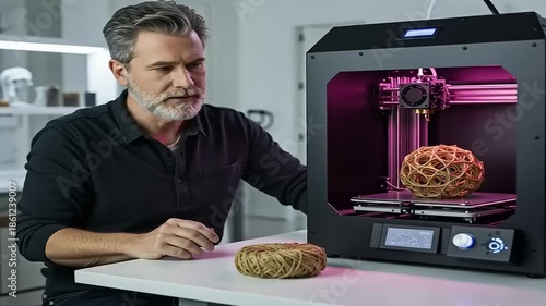 Man operating a 3D printer creating a unique design in a modern workspace with tools around
