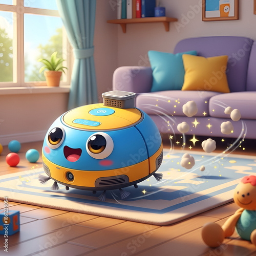 Playful robot in cozy living room