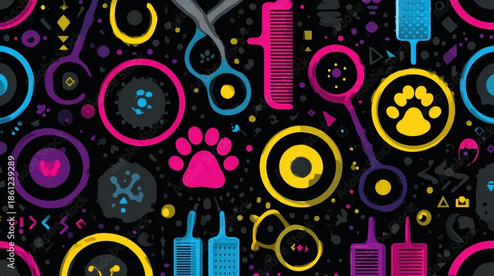 Fototapeta premium Pet Grooming Tools Concept Banner With Abstract Shapes Inspired by Brushes and Scissors Featuring Space for Text Overlay