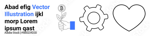 Sustainability, innovation, technology, eco-awareness, teamwork, compassion. Leaf with Bitcoin logo, gear and heart symbols next to text. Sustainability and innovation concepts