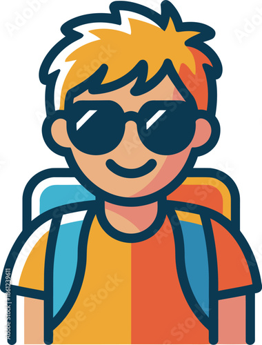 Vibrant Cartoon Boy with Backpack and Sunglasses Vector Graphic Illustration for Travel and Adventure Themes