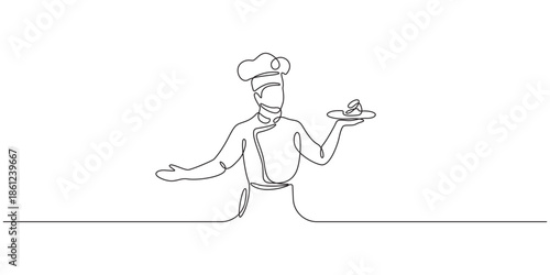 Continuous one line drawing of Chef holding a tray and presenting food.