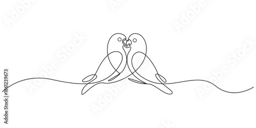 Continuous one line drawing of Two lovebirds kissing forming a heart shape.