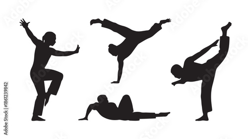 Yoga Silhouettes Practicing Various Poses on White Background