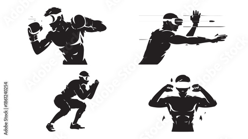 Black Silhouettes of Men Exercising with Dumbbells and Weights on White Background