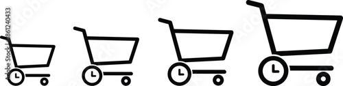 Outline Vector Icon Set Featuring Four Shopping Carts Integrated with Clock Symbols for Express Delivery and Scheduled Orders