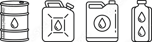 Outline Vector Icon Set Featuring Industrial Oil Drums Jerrycans and Chemical Containers with Liquid Droplets for Energy Logistics