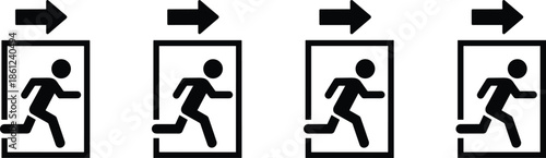 Outline Vector Icon Set Featuring Running Figure Silhouettes Exiting Doors with Rightward Arrows for Emergency Evacuation Safety