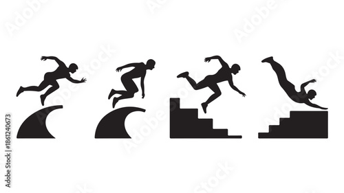Black Silhouettes of People Jumping Over Obstacles on White Background