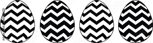 Solid Black and White Vector Icon Set Featuring Four Easter Eggs with Bold Chevron Zig-Zag Patterns for Spring